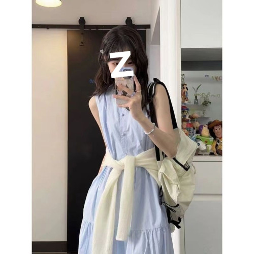 夏季未聞花名無袖法式優雅少女感藍色蛋糕裙擺簡約溫柔風連衣裙子