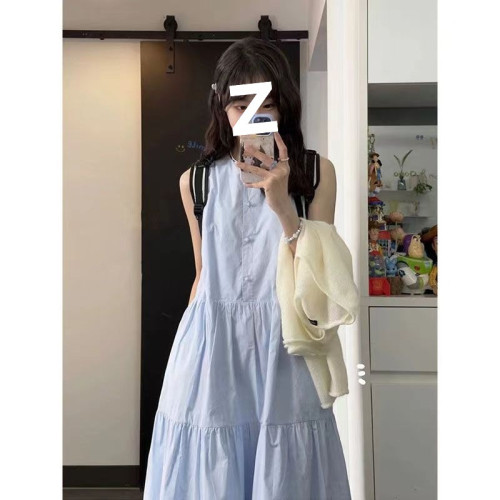 夏季未聞花名無袖法式優雅少女感藍色蛋糕裙擺簡約溫柔風連衣裙子