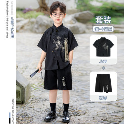 男童套裝夏季新款中式立領襯衫國風麒麟刺綉漢服兒童演出走秀禮服