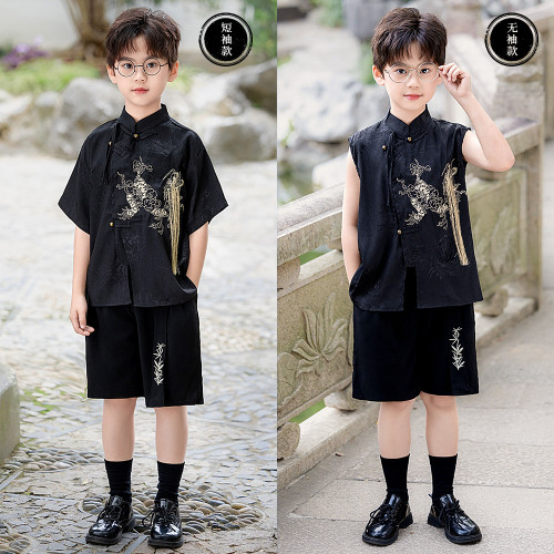 男童套裝夏季新款中式立領襯衫國風麒麟刺綉漢服兒童演出走秀禮服