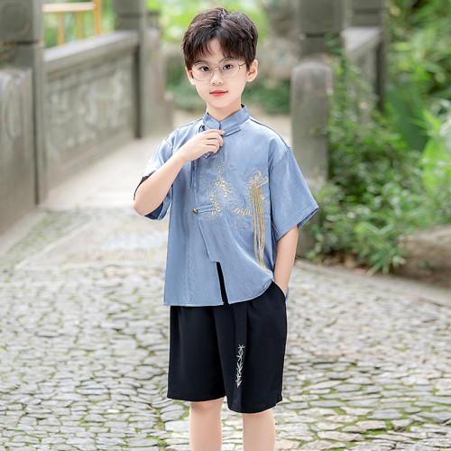 男童套裝夏季新款中式立領襯衫國風麒麟刺綉漢服兒童演出走秀禮服