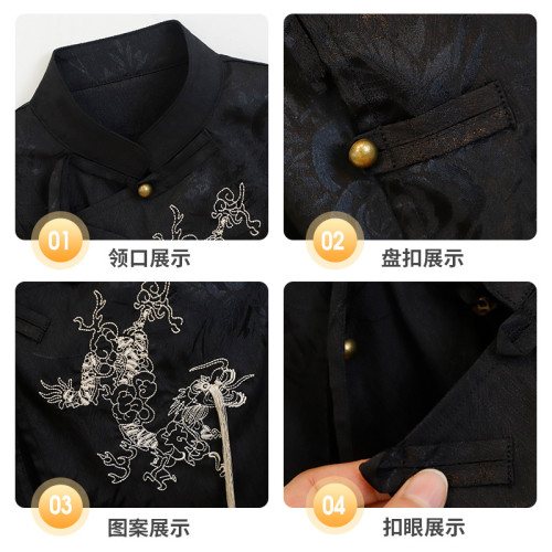 男童套裝夏季新款中式立領襯衫國風麒麟刺綉漢服兒童演出走秀禮服