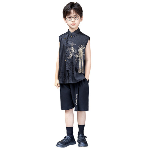 男童套裝夏季新款中式立領襯衫國風麒麟刺綉漢服兒童演出走秀禮服