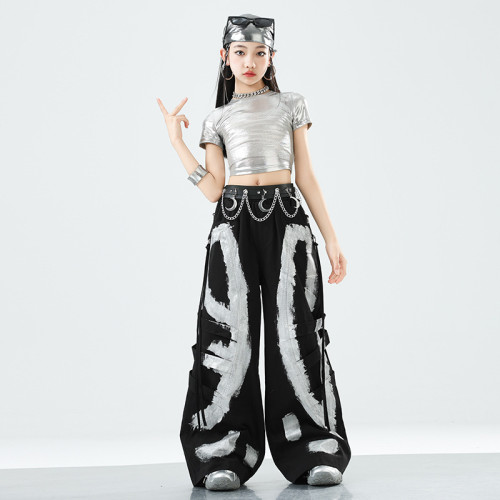 女童銀色爵士舞演出服女團走秀潮兒童hiphop街舞服裝少兒炸街套裝