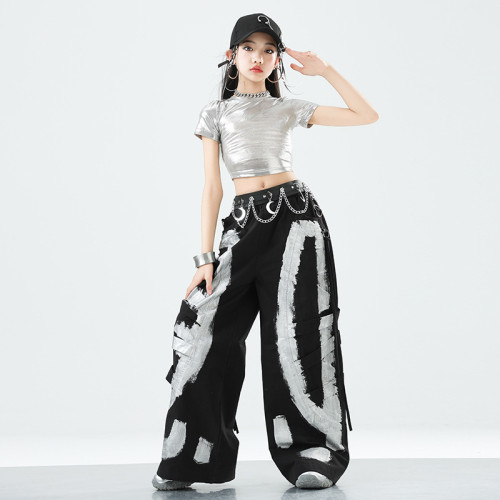 女童銀色爵士舞演出服女團走秀潮兒童hiphop街舞服裝少兒炸街套裝