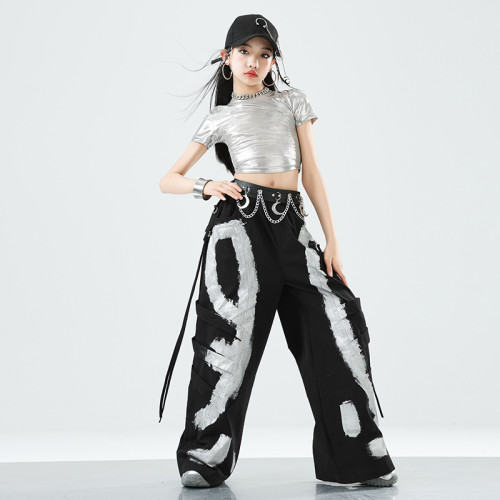 女童銀色爵士舞演出服女團走秀潮兒童hiphop街舞服裝少兒炸街套裝