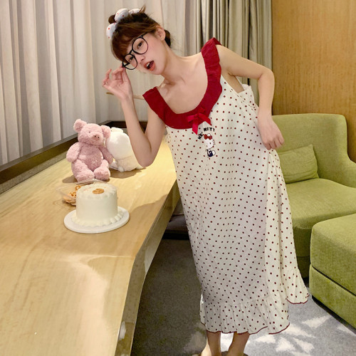 公主風睡裙女夏季中長款純棉紗布波點貓咪帶胸墊背心家居服可外穿