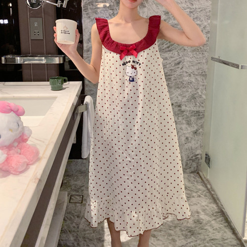 公主風睡裙女夏季中長款純棉紗布波點貓咪帶胸墊背心家居服可外穿