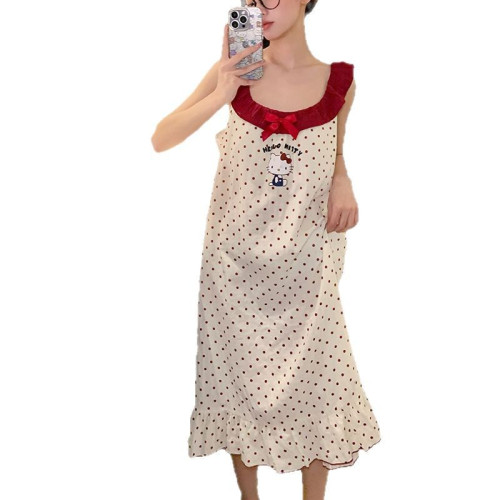 公主風睡裙女夏季中長款純棉紗布波點貓咪帶胸墊背心家居服可外穿