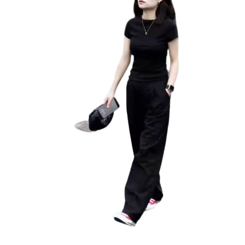 25168大愛美依緣2025新款簡約基礎正肩短袖T恤時尚垂墜感直筒褲女