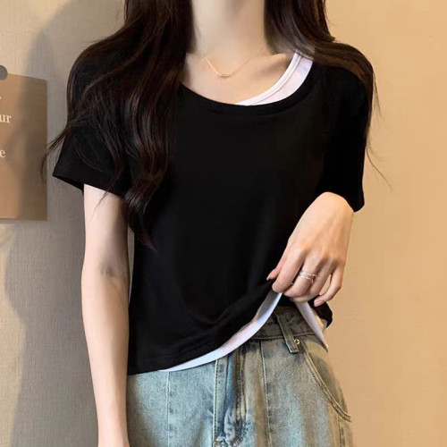 100%純棉拼接假兩件正肩短袖t恤女夏季2024新款寬松顯瘦遮肚上衣