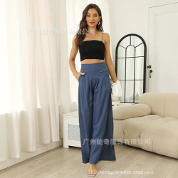 歐美女裝褲子2025夏棉麻濶腿褲裙寬松半松緊高腰顯瘦休閒長褲