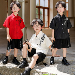 風男童提花短袖襯衣兒童襯衫帥氣禮服套裝內搭西裝童裝表演服