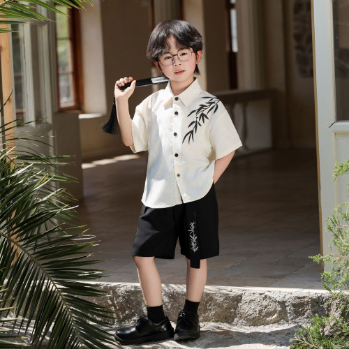 風男童提花短袖襯衣兒童襯衫帥氣禮服套裝內搭西裝童裝表演服