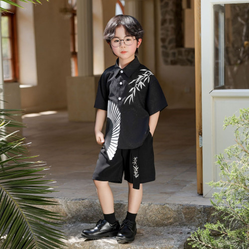 風男童提花短袖襯衣兒童襯衫帥氣禮服套裝內搭西裝童裝表演服