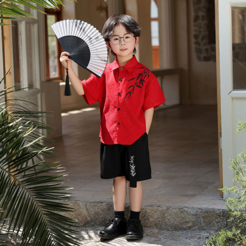 風男童提花短袖襯衣兒童襯衫帥氣禮服套裝內搭西裝童裝表演服
