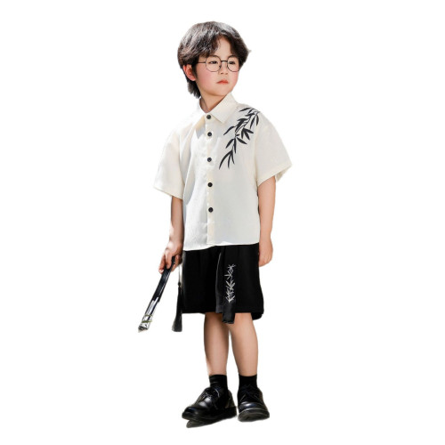 風男童提花短袖襯衣兒童襯衫帥氣禮服套裝內搭西裝童裝表演服
