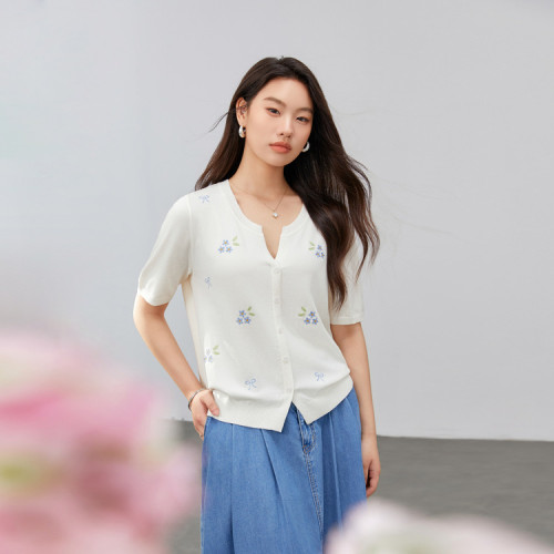 【韓系小清新綉花溫柔百搭針織衫】纖莉秀大碼女裝胖mm2025夏新款