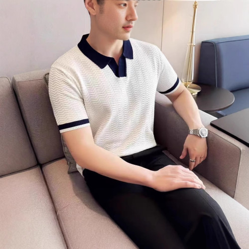 2025夏季撞色領新款歐款針織翻領poIo短袖輕奢潮男士T恤提花休閒