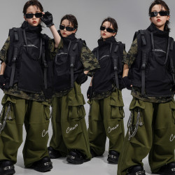兒童街舞演出服少兒hiphop迷彩酷帥機能馬甲男童嘻哈街舞潮服套裝