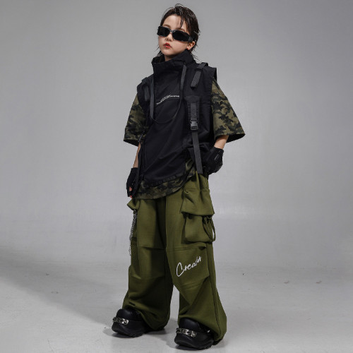 兒童街舞演出服少兒hiphop迷彩酷帥機能馬甲男童嘻哈街舞潮服套裝