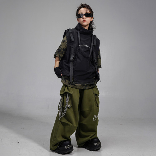 兒童街舞演出服少兒hiphop迷彩酷帥機能馬甲男童嘻哈街舞潮服套裝