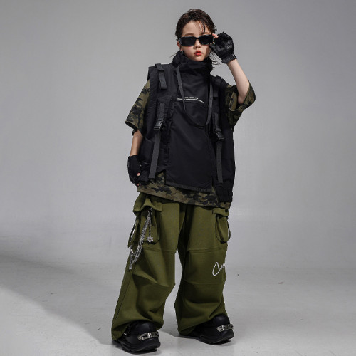 兒童街舞演出服少兒hiphop迷彩酷帥機能馬甲男童嘻哈街舞潮服套裝