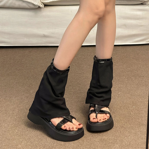 小衆設計感褲管靴女2025夏季新款厚底增高羅馬涼鞋夾趾復古涼靴