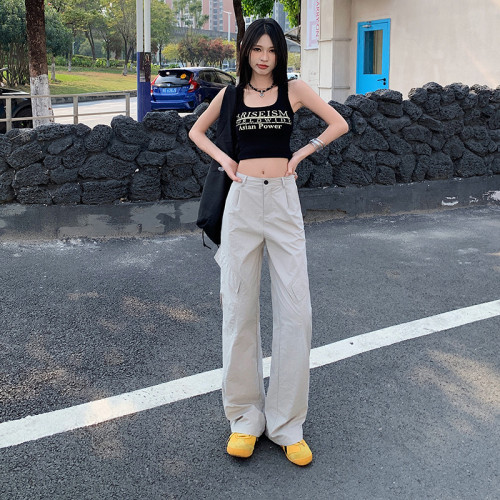 美式復古工裝褲女2025夏季新款高腰抽繩寬松直筒濶腿褲休閒工裝褲