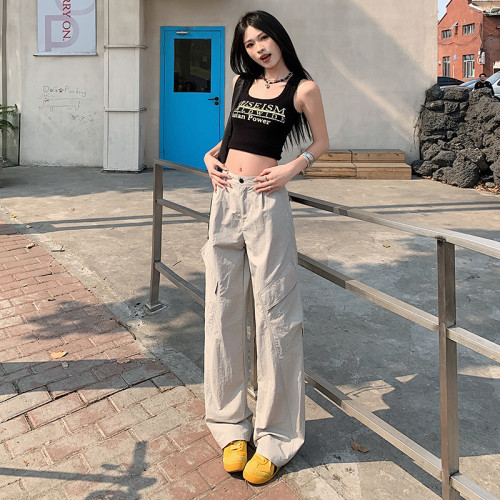 美式復古工裝褲女2025夏季新款高腰抽繩寬松直筒濶腿褲休閒工裝褲