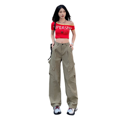 美式復古工裝褲女2025夏季新款高腰抽繩寬松直筒濶腿褲休閒工裝褲