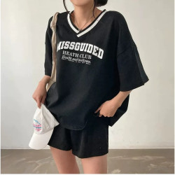 韓國chic夏季美式復古V領字母印花短袖套頭T恤百搭休閒運動套裝女