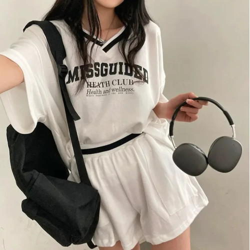 韓國chic夏季美式復古V領字母印花短袖套頭T恤百搭休閒運動套裝女