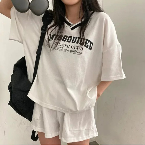 韓國chic夏季美式復古V領字母印花短袖套頭T恤百搭休閒運動套裝女