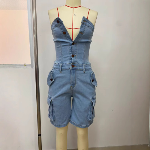 LD2437春季歐美女裝抹胸開衫紐釦大口袋牛仔連體短褲