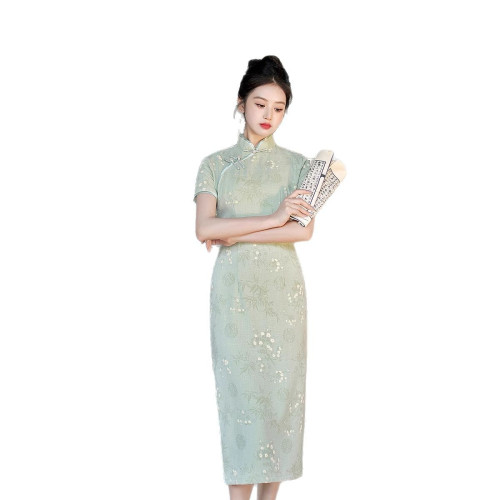 2025春夏新款復古花印花竹節麻泡泡滿天星中古風短款旗袍