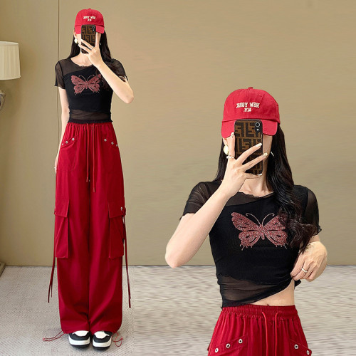 跳舞時尚休閒運動套裝女夏季2025新款顯瘦網紗T恤搭配工裝褲寬松