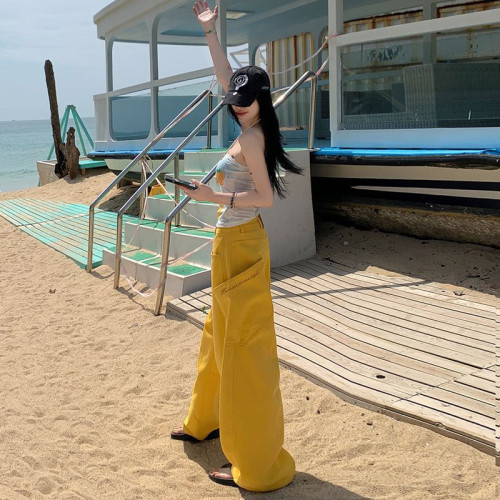 工裝鐮刀褲子春夏季美式2025刺綉彎刀牛仔褲女復古黃色設計感寬松