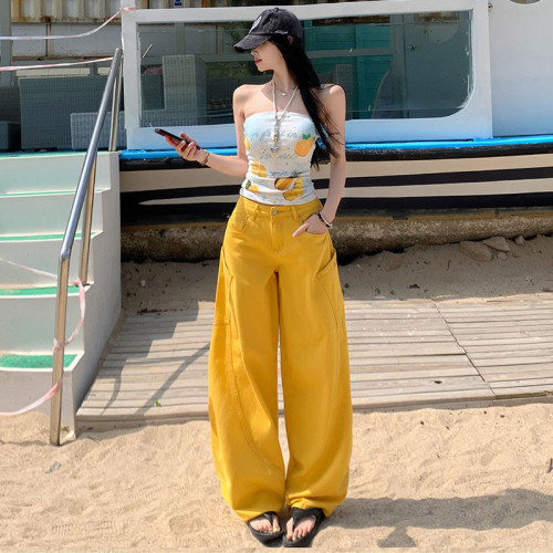 工裝鐮刀褲子春夏季美式2025刺綉彎刀牛仔褲女復古黃色設計感寬松