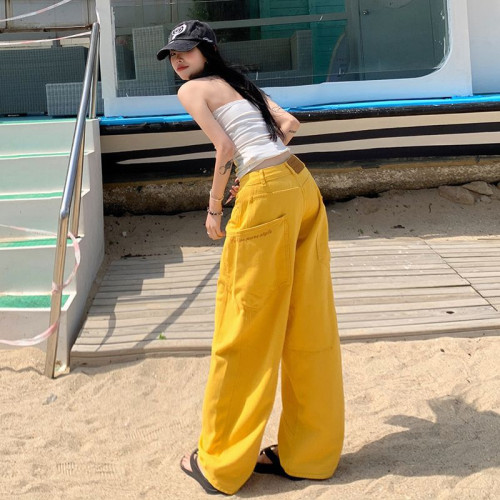 工裝鐮刀褲子春夏季美式2025刺綉彎刀牛仔褲女復古黃色設計感寬松
