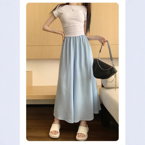 夏季時尚休閒百搭A字半身裙松緊腰垂墜感顯瘦大擺裙長裙裙褲7392#