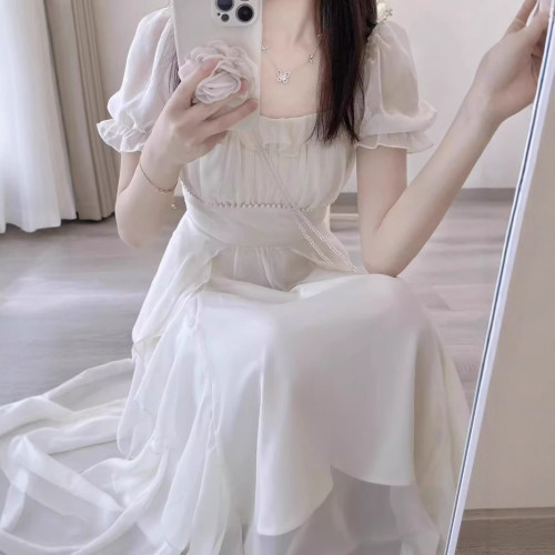 法式白色高級感仙女連衣裙女夏季2025新款超仙公主裙溫柔風長裙子