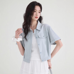 美式薄款短袖襯衫外套女2025夏季新款翻領開衫亞麻透氣小個子襯衣