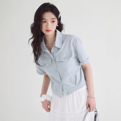 美式薄款短袖襯衫外套女2025夏季新款翻領開衫亞麻透氣小個子襯衣