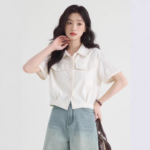 美式薄款短袖襯衫外套女2025夏季新款翻領開衫亞麻透氣小個子襯衣