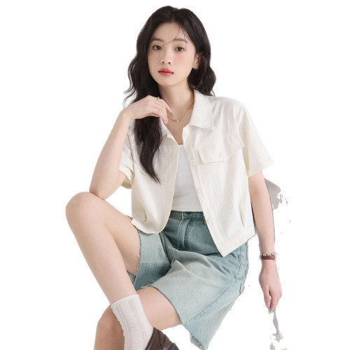 美式薄款短袖襯衫外套女2025夏季新款翻領開衫亞麻透氣小個子襯衣