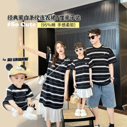 時尚親子裝夏季2025新款一家三口條紋嬰兒母女韓系度假休閒家庭裝