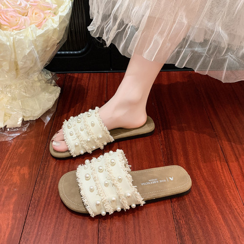 法式仙女風珍珠涼拖鞋女外穿2025春夏新款平底懶人一腳蹬沙灘涼鞋
