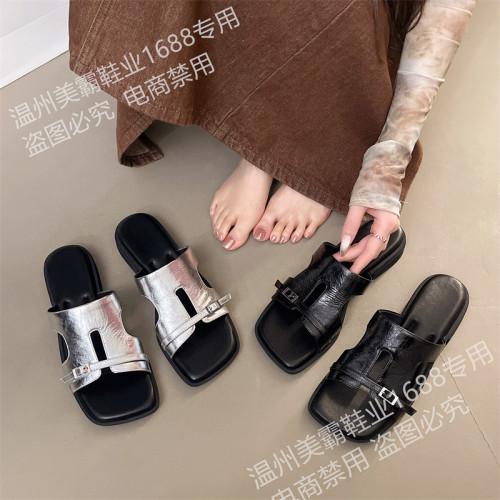 頭層牛皮拖鞋女夏季外穿新款配裙子小衆平底軟底沙灘涼拖鞋涼鞋女