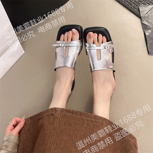 頭層牛皮拖鞋女夏季外穿新款配裙子小衆平底軟底沙灘涼拖鞋涼鞋女